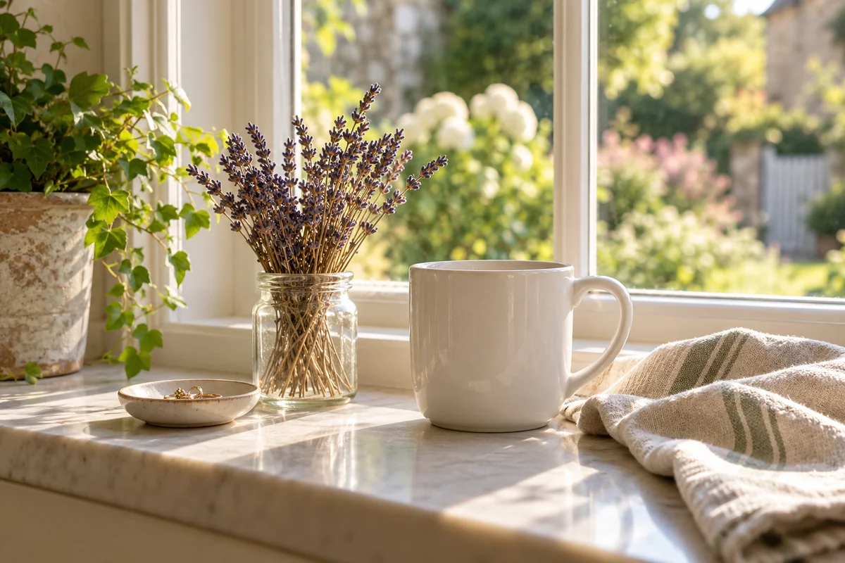 A kitchen windowsill with a mug, a sprig of dried flowers and a small ring dish.
