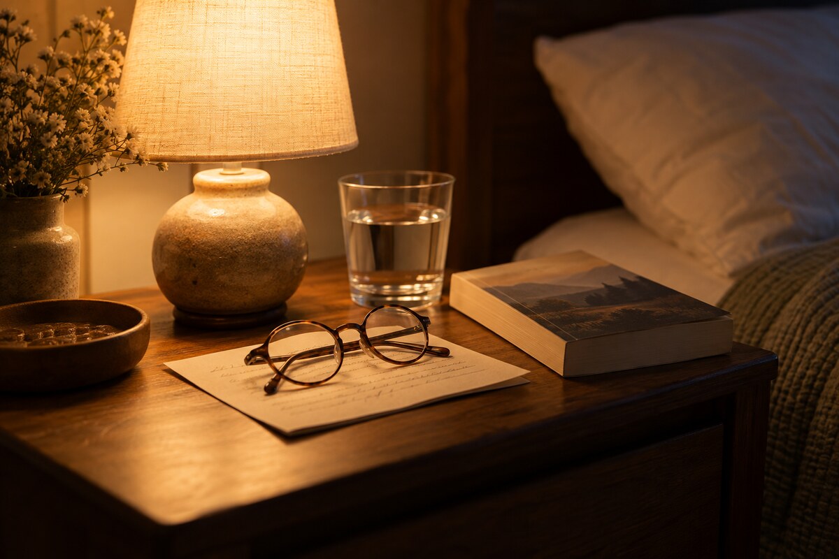 A pair of reading glasses and a card on a nightstand beside a lamp