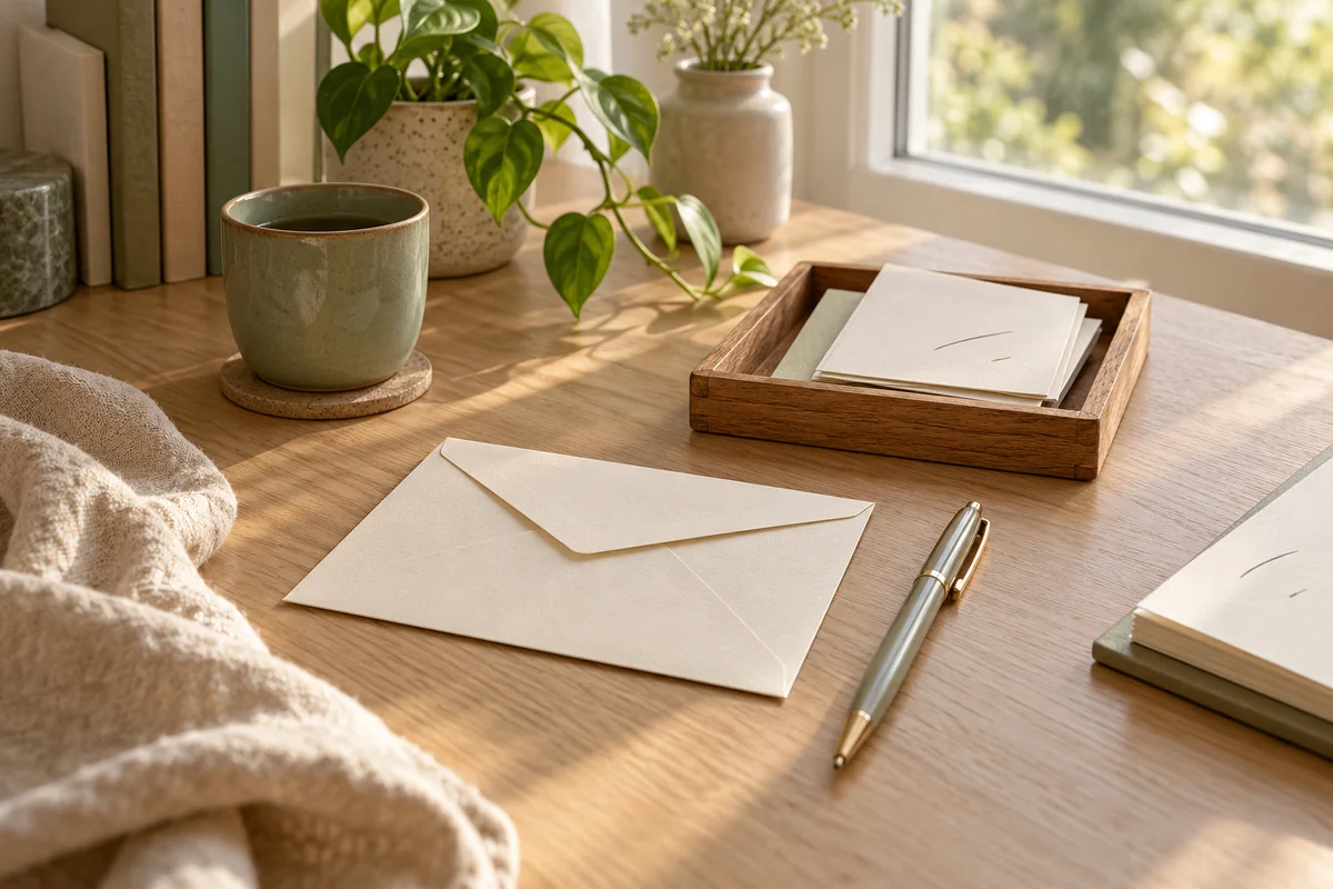 A plain envelope, a pen and a tray of folded paper slips on a desk by a window.