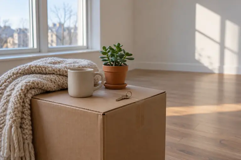 A plain mug, a folded throw and a small plant on a moving box beside a window.