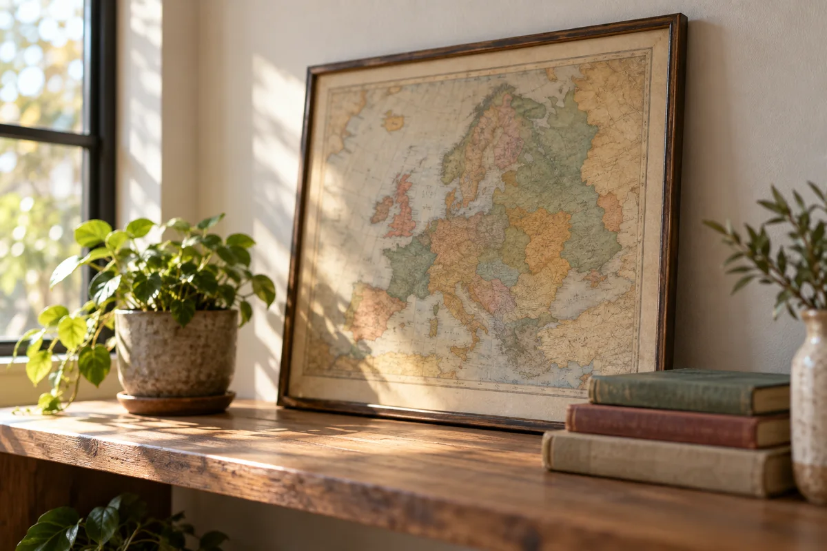 A framed vintage-style map leaning on a shelf beside a small plant and a stack of books.
