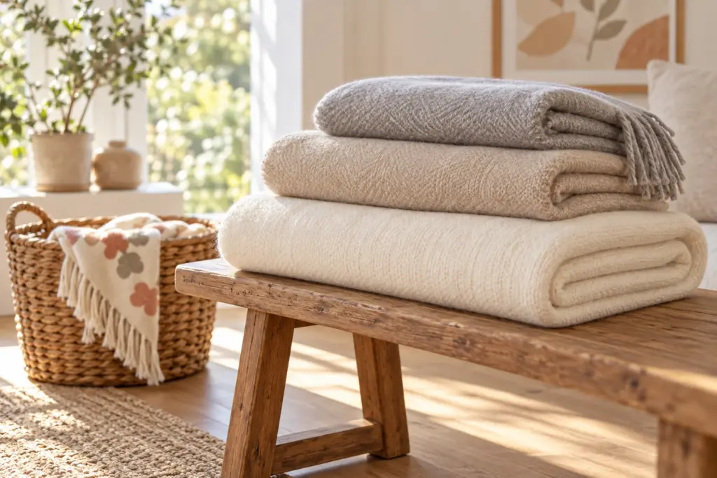 Three folded blankets of graduated sizes stacked on a bench, tallest at the back
