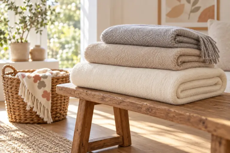 Three folded blankets of graduated sizes stacked on a bench, tallest at the back