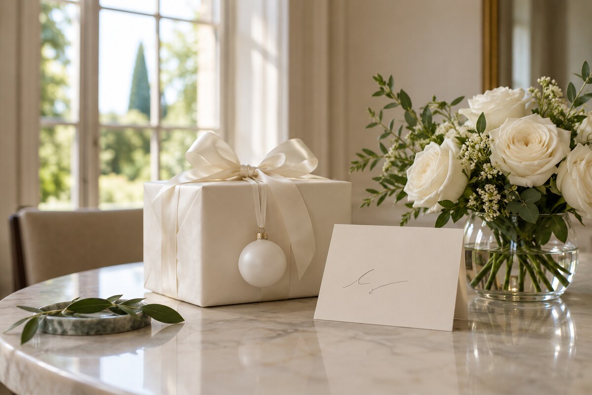 A wrapped gift, a ribbon-hung ornament and a handwritten card on a reception table
