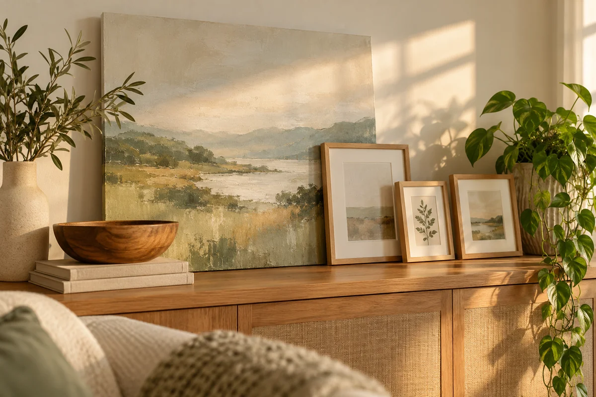 A living room wall with a canvas print resting on a shelf beside framed photographs.