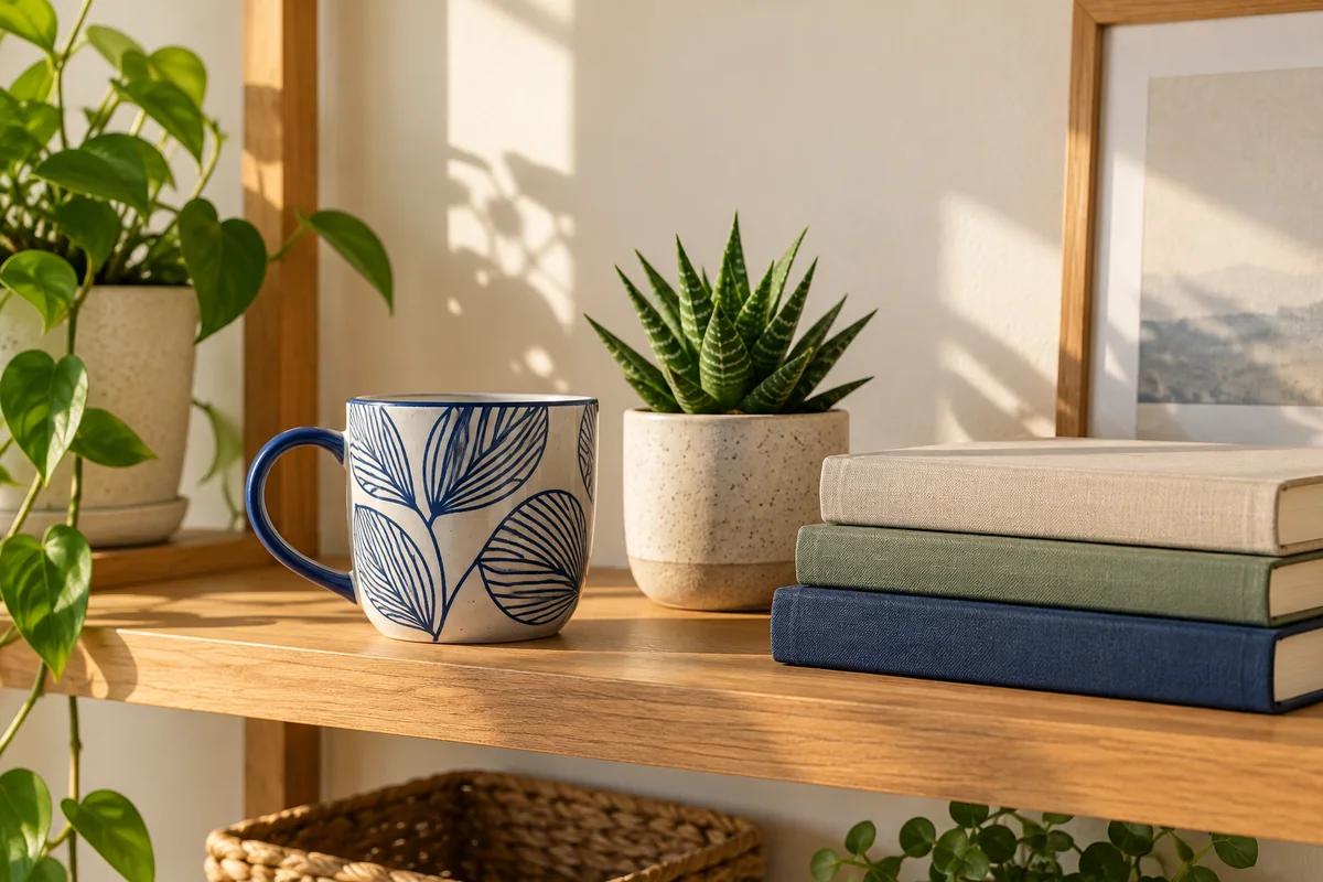 A row of small desk items and a mug on a tidy office shelf in morning light.