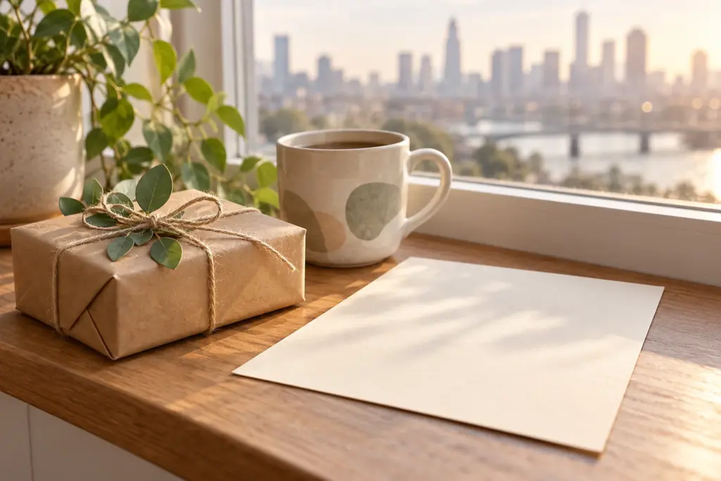 A small wrapped parcel, a mug and a folded blank letter sheet beside a window with a faint city view.