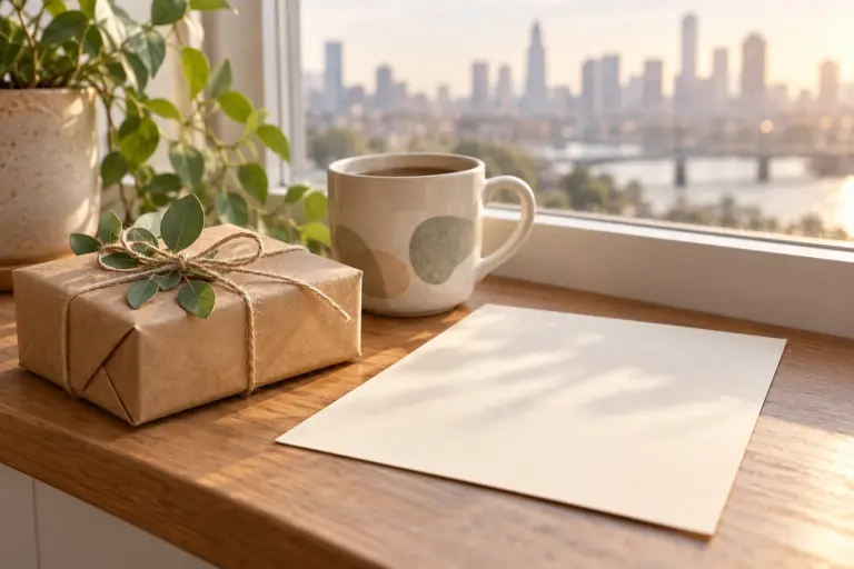 A small wrapped parcel, a mug and a folded blank letter sheet beside a window with a faint city view.