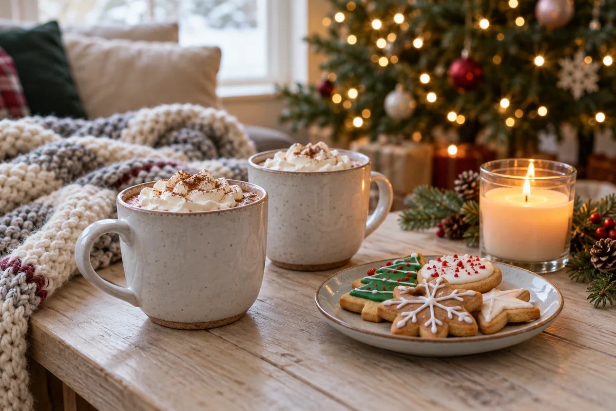 Two cups of cocoa and a plate of cookies beside a lit candle on a table.