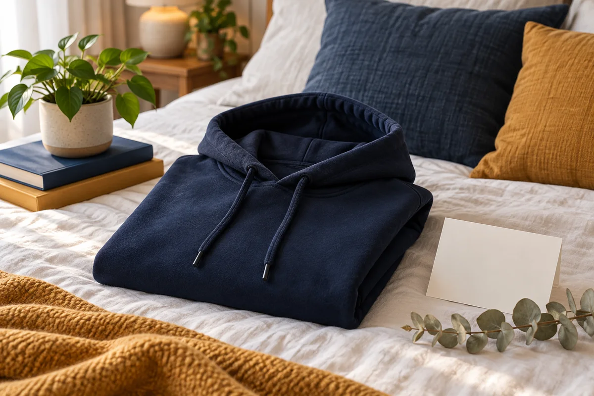 A hooded sweatshirt folded on a bed with a small potted plant and a blank card.