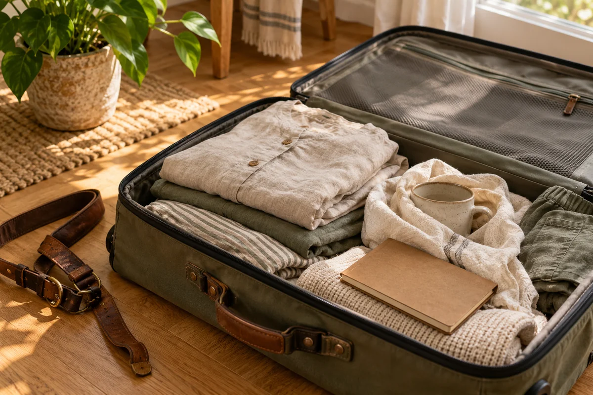 A suitcase half packed with folded clothes, a mug wrapped in cloth and a small notebook.