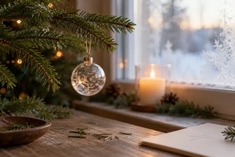 A single ornament hanging on an evergreen branch in soft window light.