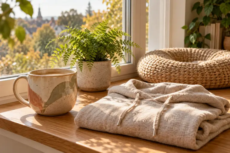 A personalized mug and a folded hoodie on a sunlit windowsill beside a fern and a round knit cushion.
