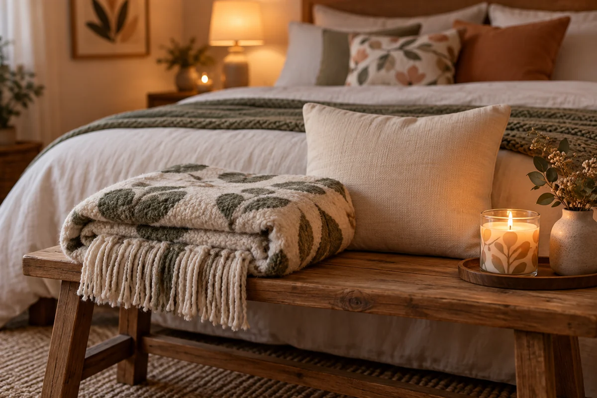 A throw, a pillow and a candle grouped on a bench at the foot of a bed