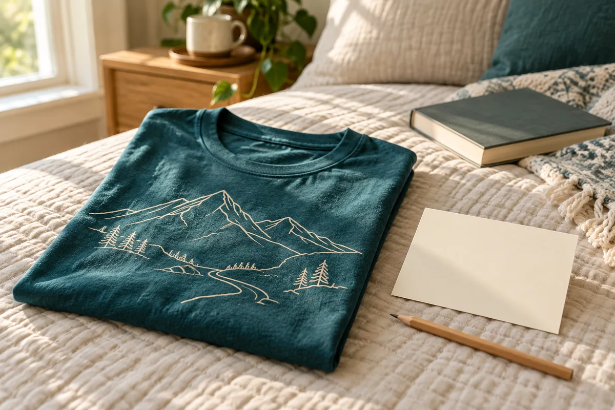 A folded shirt with a mountain design, a pencil and a blank card on a bed.