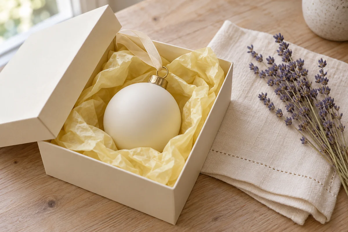 A small plain round ornament in an open gift box lined with tissue beside a folded cream cloth.