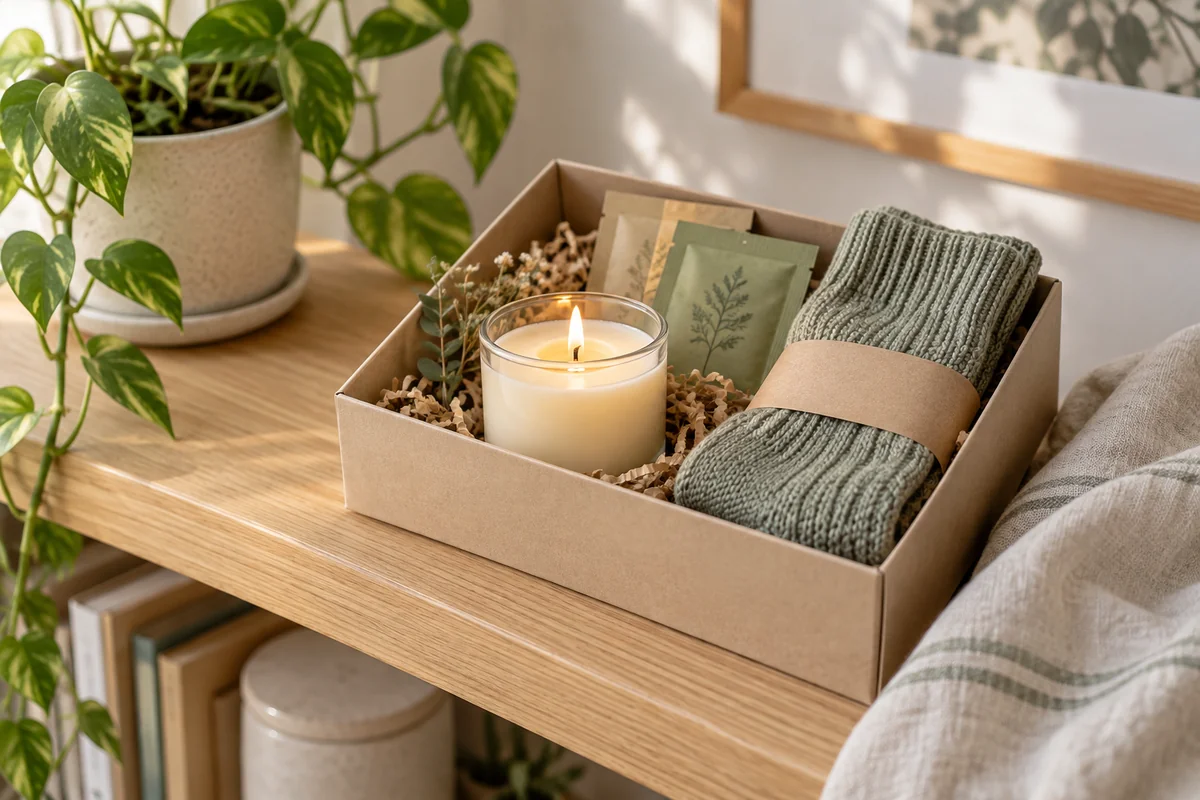 A candle, folded socks and tea sachets arranged in an open box on a quiet shelf.
