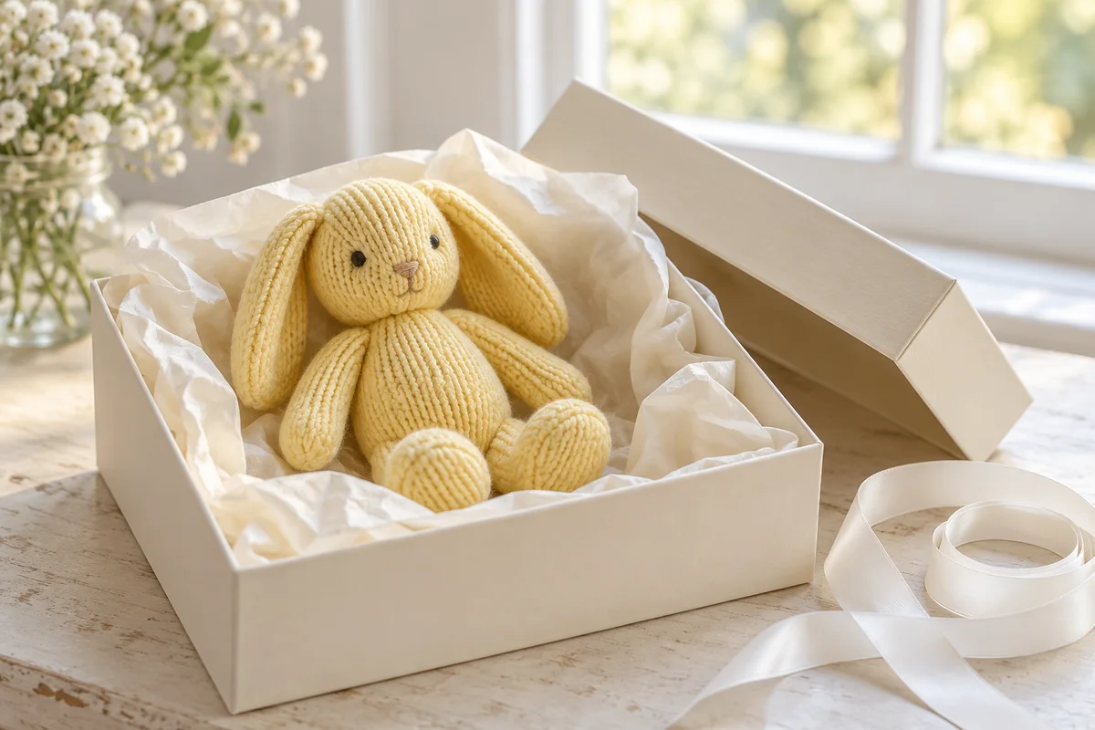 A small box lined with crumpled tissue holding a plain soft toy on a pale table.