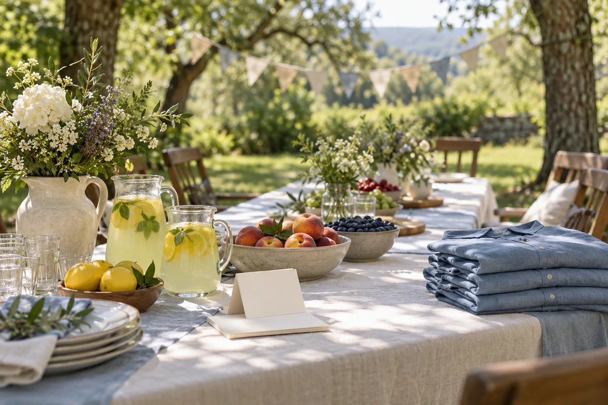 A long outdoor table covered with a cloth, jugs of lemonade and folded shirts at one end.