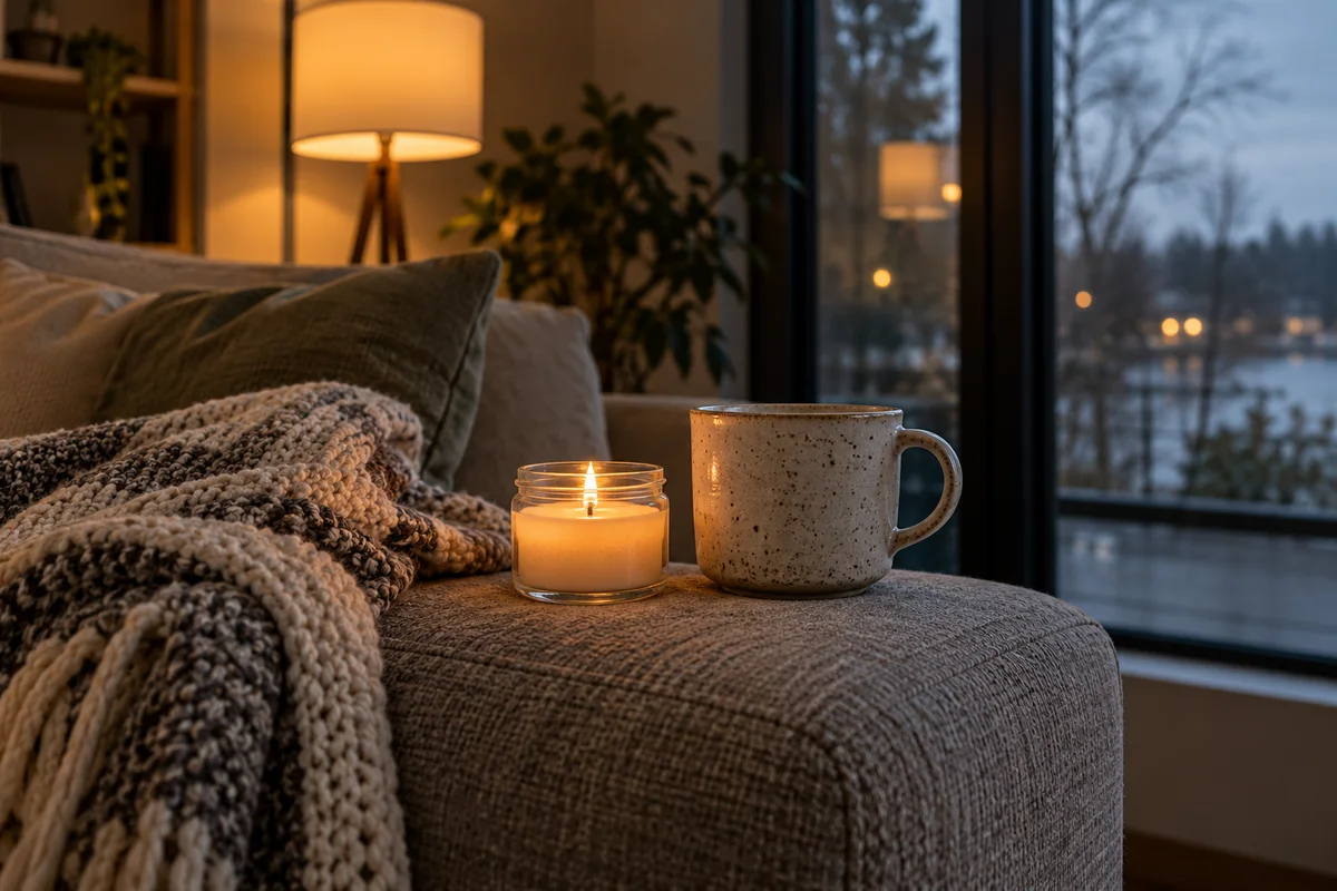 A lit candle, a mug and a folded blanket on a sofa arm at dusk.