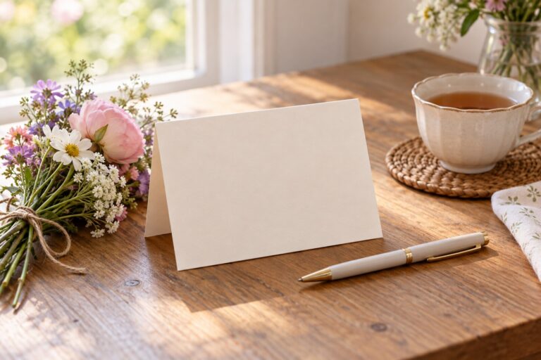 A folded Mother's Day card, a pen and a small bunch of flowers on a table.