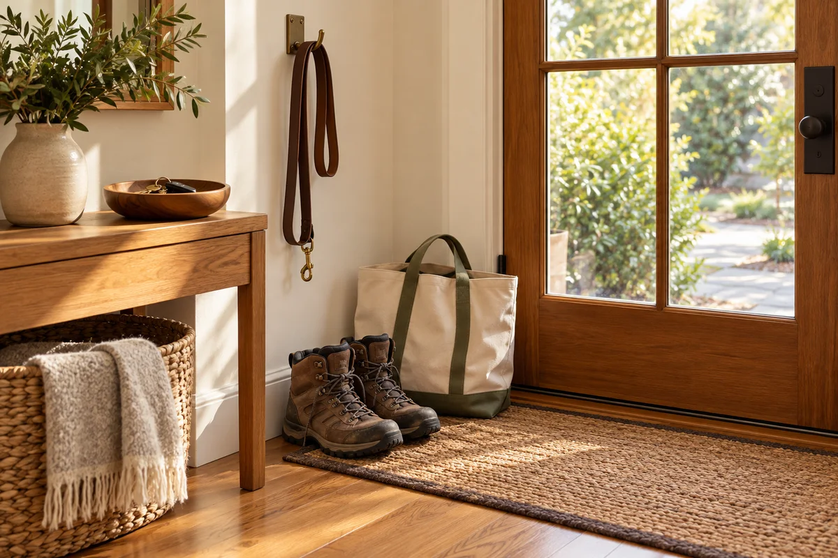 A leash on a hook beside a pair of boots and a tote bag by the front door