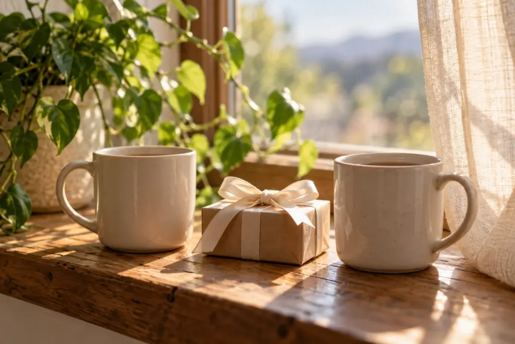 Two matching mugs and a small wrapped box on a windowsill in soft morning light.