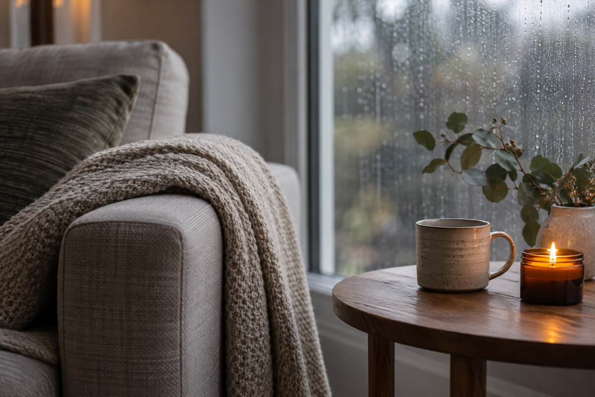 A knit throw over a sofa arm beside a mug and lit candle on a side table by a rainy window.