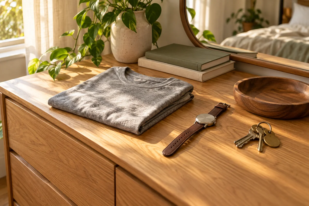 A gray tee folded on a dresser beside a watch and a set of keys.