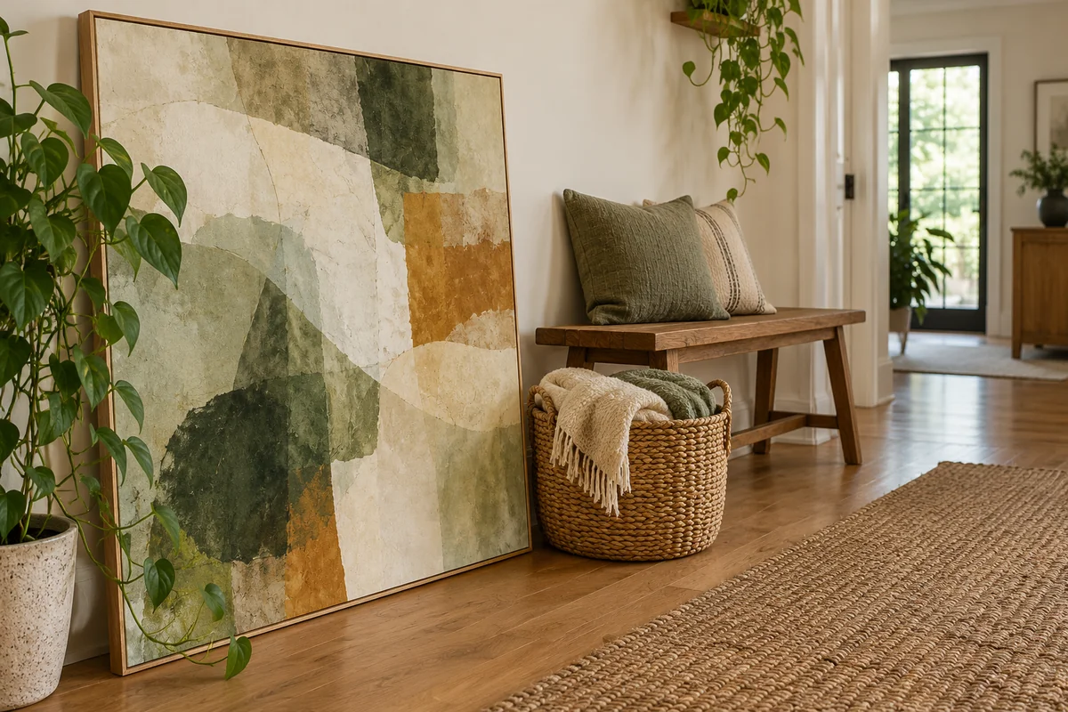A canvas leaning on a hallway floor beside a small bench and a basket of folded blankets.
