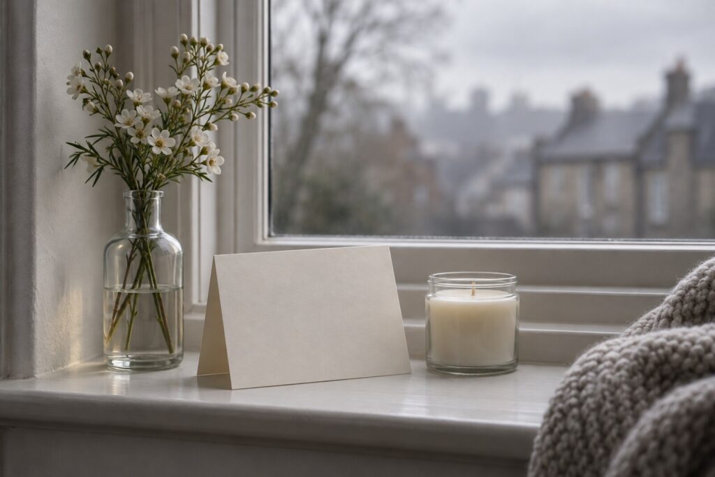 A blank cream note card, a candle in a jar and white flowers in a bottle on a gray windowsill.