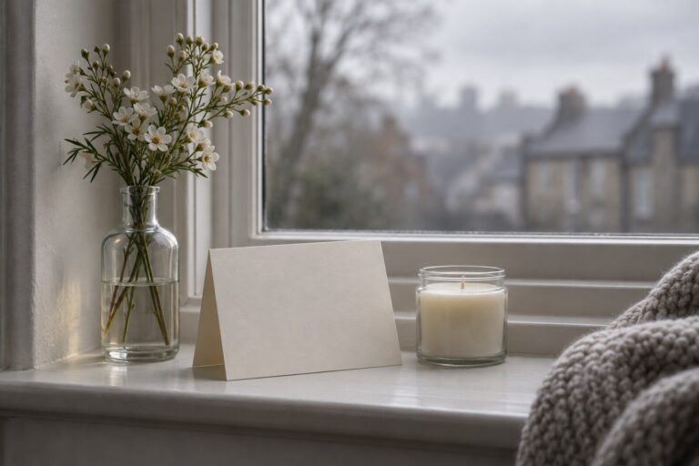 A blank cream note card, a candle in a jar and white flowers in a bottle on a gray windowsill.