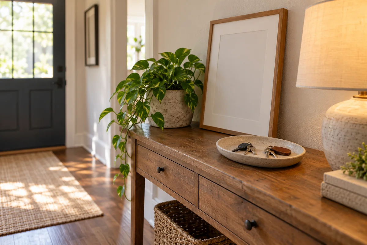 A blank frame leaning on a console table beside a houseplant, a lamp and a pair of keys in a dish.