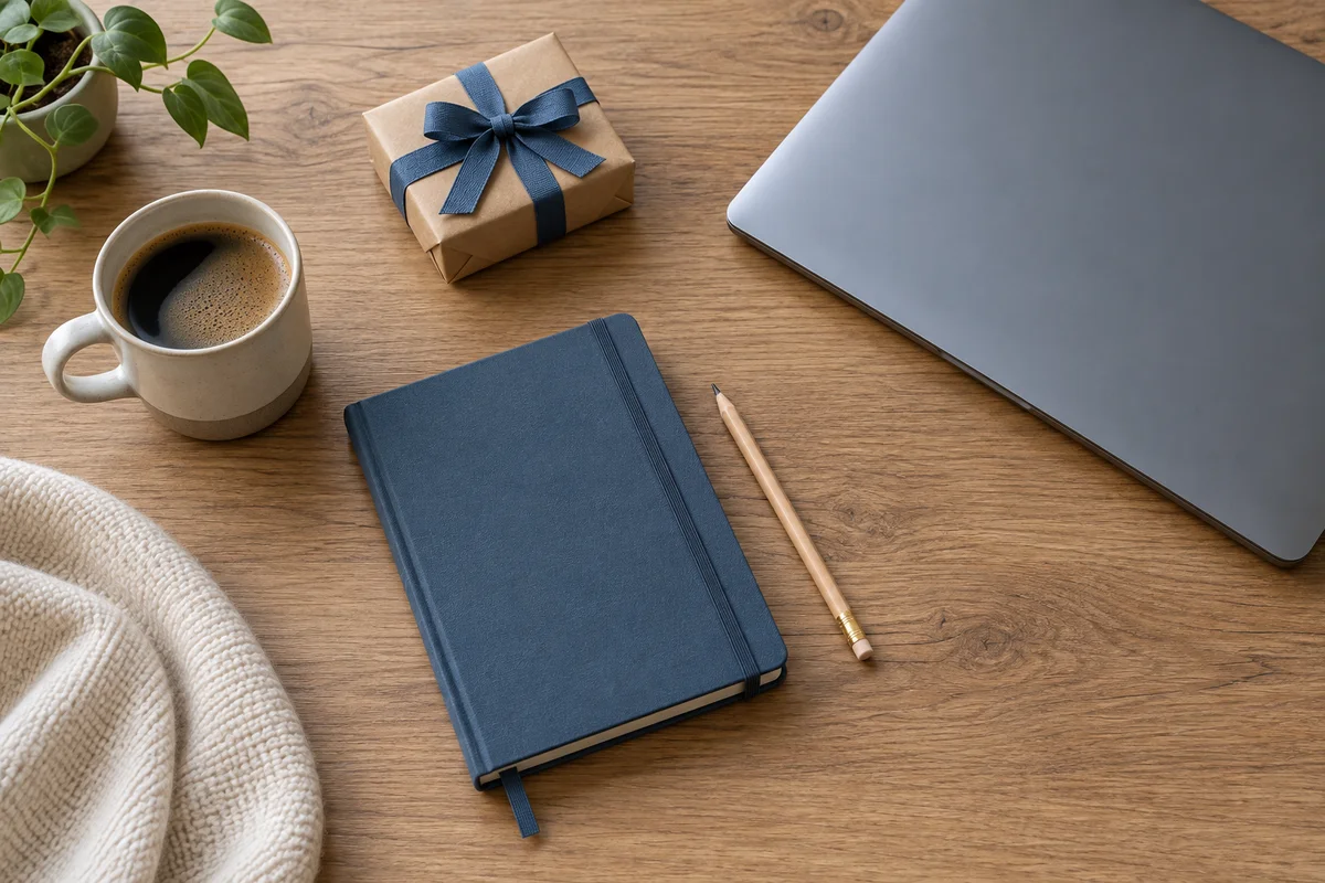 A desk with a closed notebook, a pencil and a small wrapped gift beside a laptop turned away from the camera.