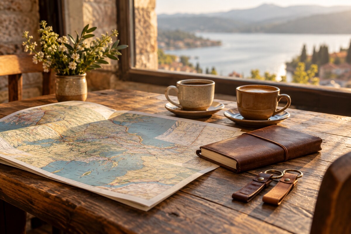 A travel notebook, two keychains and a map on a table by a window