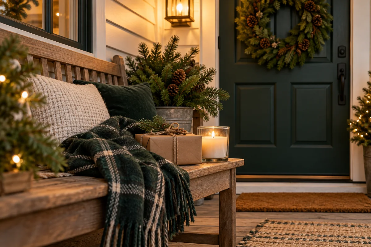 A plain candle jar and a small wrapped gift on an entryway bench beside a wreath.