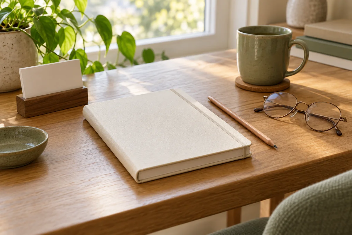 A closed cream notebook, a pencil, a small card holder and reading glasses on a desk.