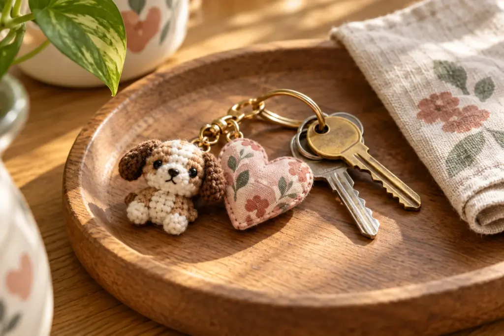 A small heart keychain and a crochet dog charm resting beside a set of house keys on a tray