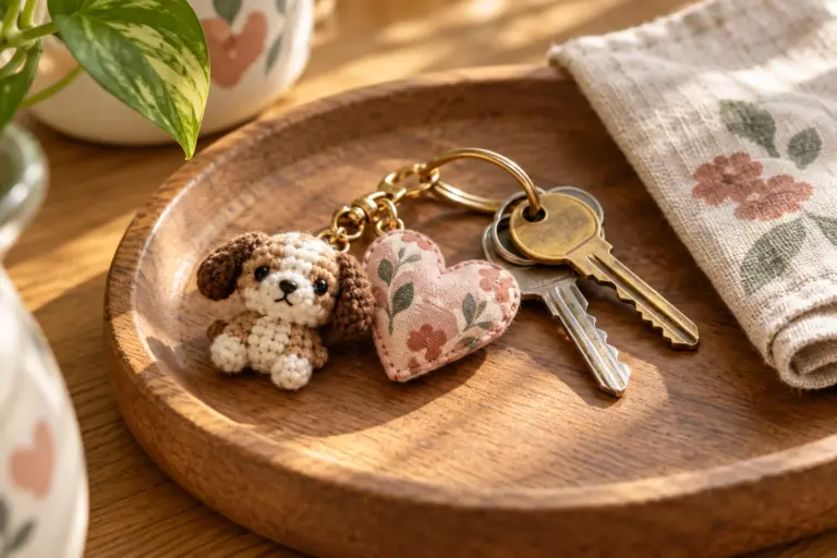 A small heart keychain and a crochet dog charm resting beside a set of house keys on a tray