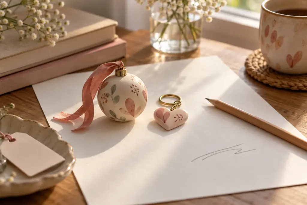 A small round ornament and a keychain on a sheet of paper with a pencil beside them