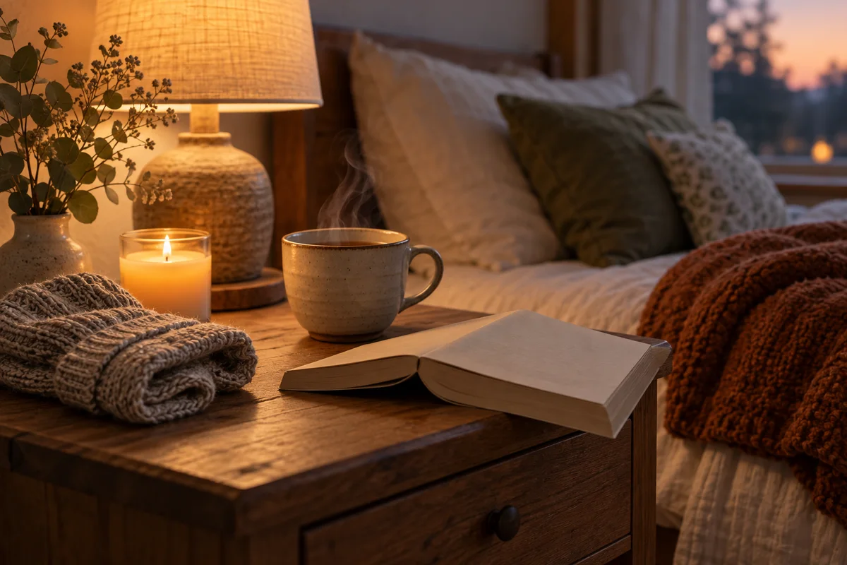 A candle, a pair of socks and a cup of tea on a bedside table next to a book at dusk.