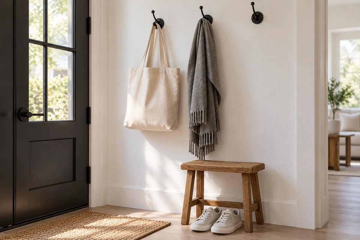 A row of three wall hooks beside a door with a plain tote bag and a folded scarf.