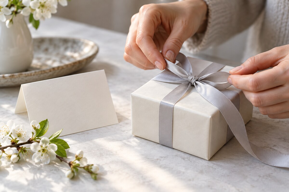 A hand tying a ribbon on a small box next to a folded blank card
