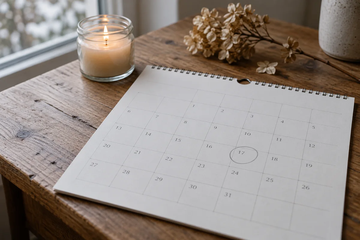 A calendar page with one date circled lightly in pencil next to a small candle.