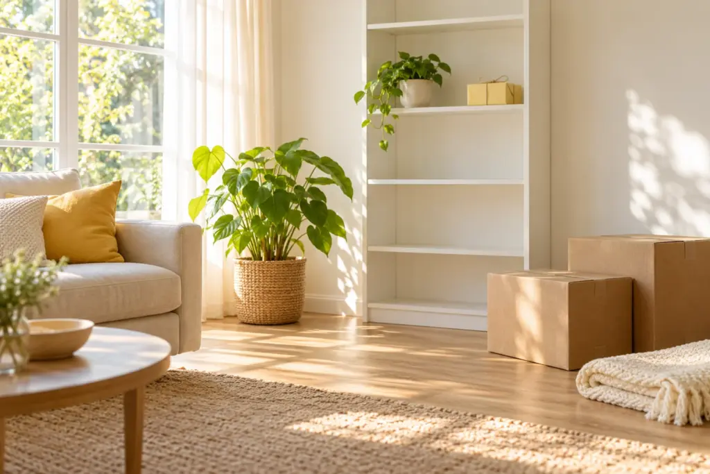 A stack of closed cardboard boxes beside a bare shelf holding one small plant and a wrapped gift.