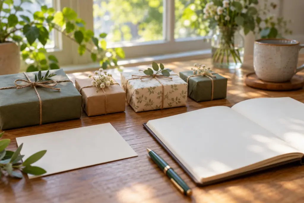 Several small wrapped gifts in different colors laid out on a table with a notebook and a pen.
