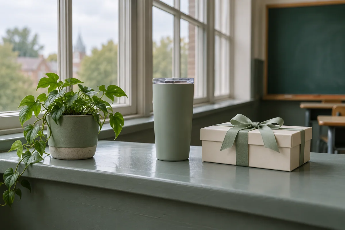 A tidy row of a small plant, a tumbler and a gift box on a long classroom windowsill.