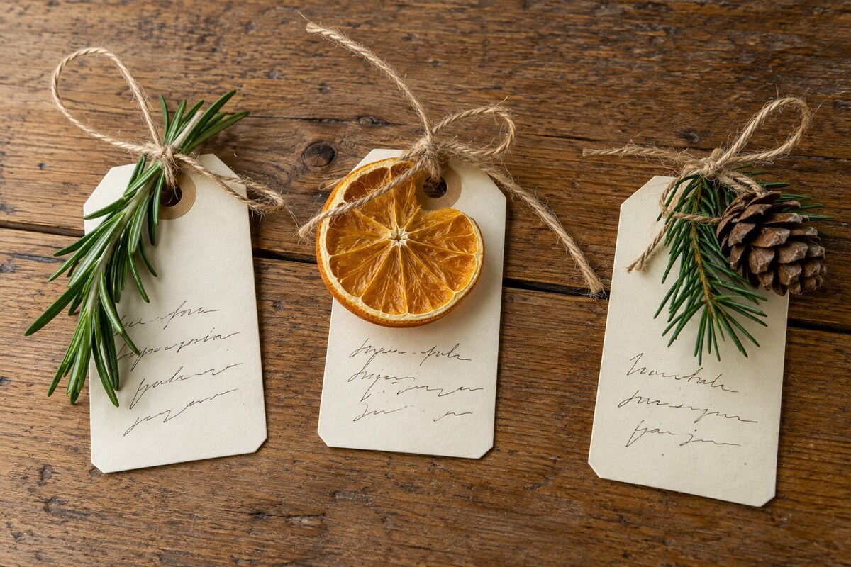 Three handwritten gift tags in a row on a table each tied with twine and a different sprig