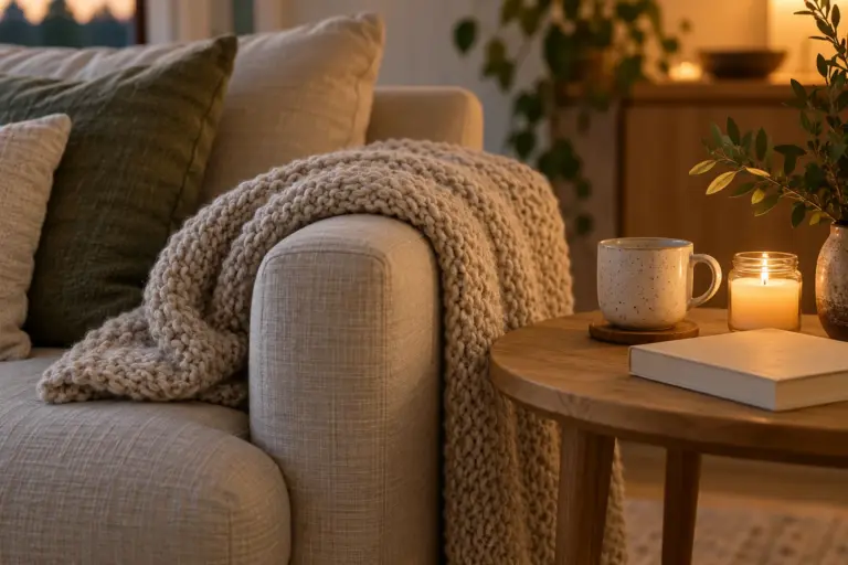 A candle, a mug and a knit throw arranged on a sofa arm in soft evening light.