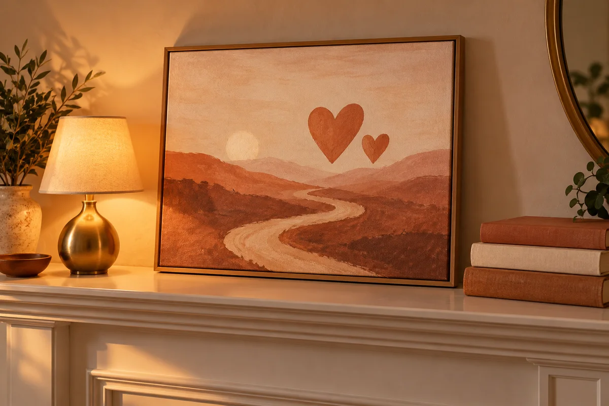 A framed canvas on a mantel next to a small lamp and a stack of closed books.